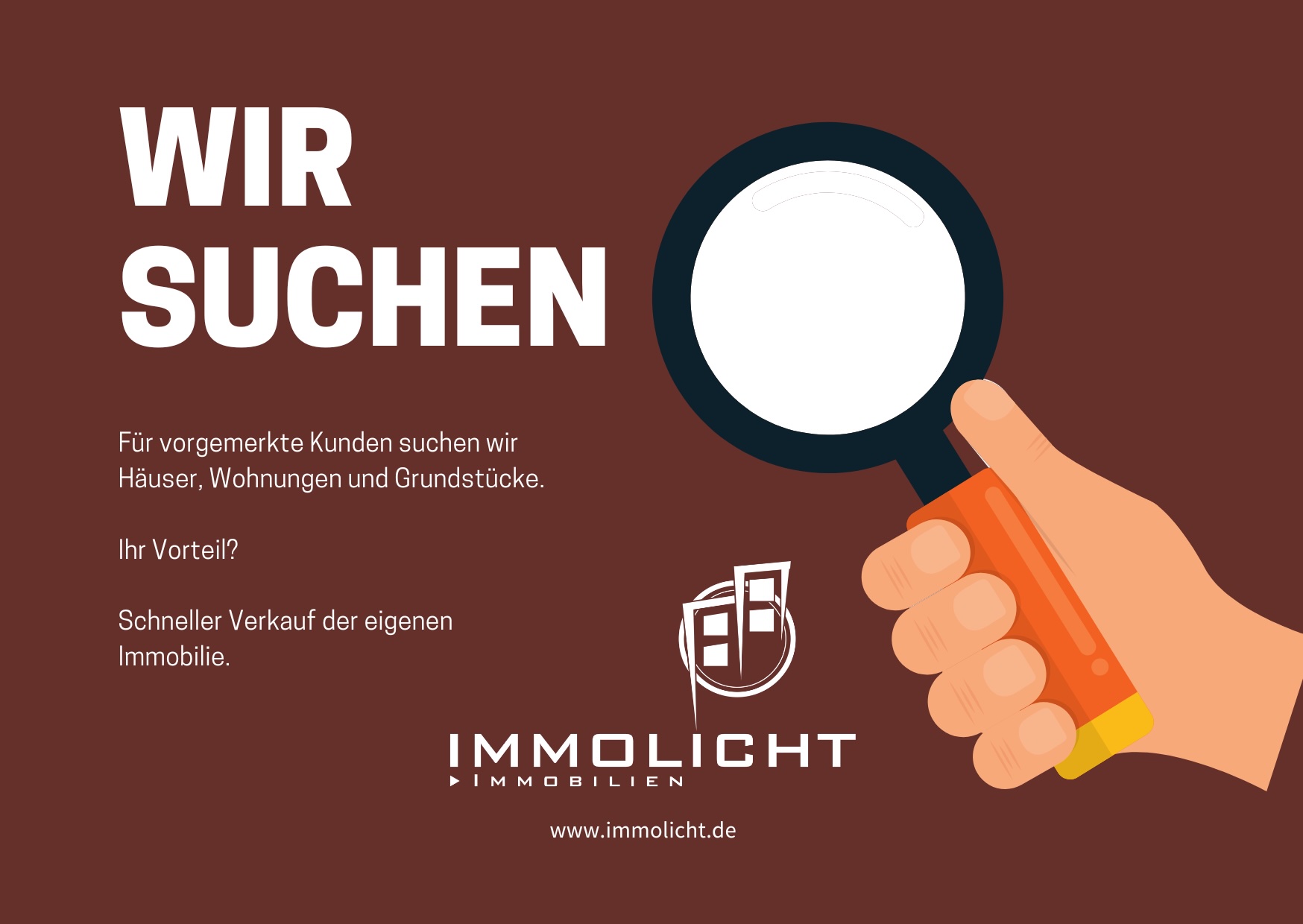 Orange Magnifying Glass Now Hiring Direct Mail Postcard 1